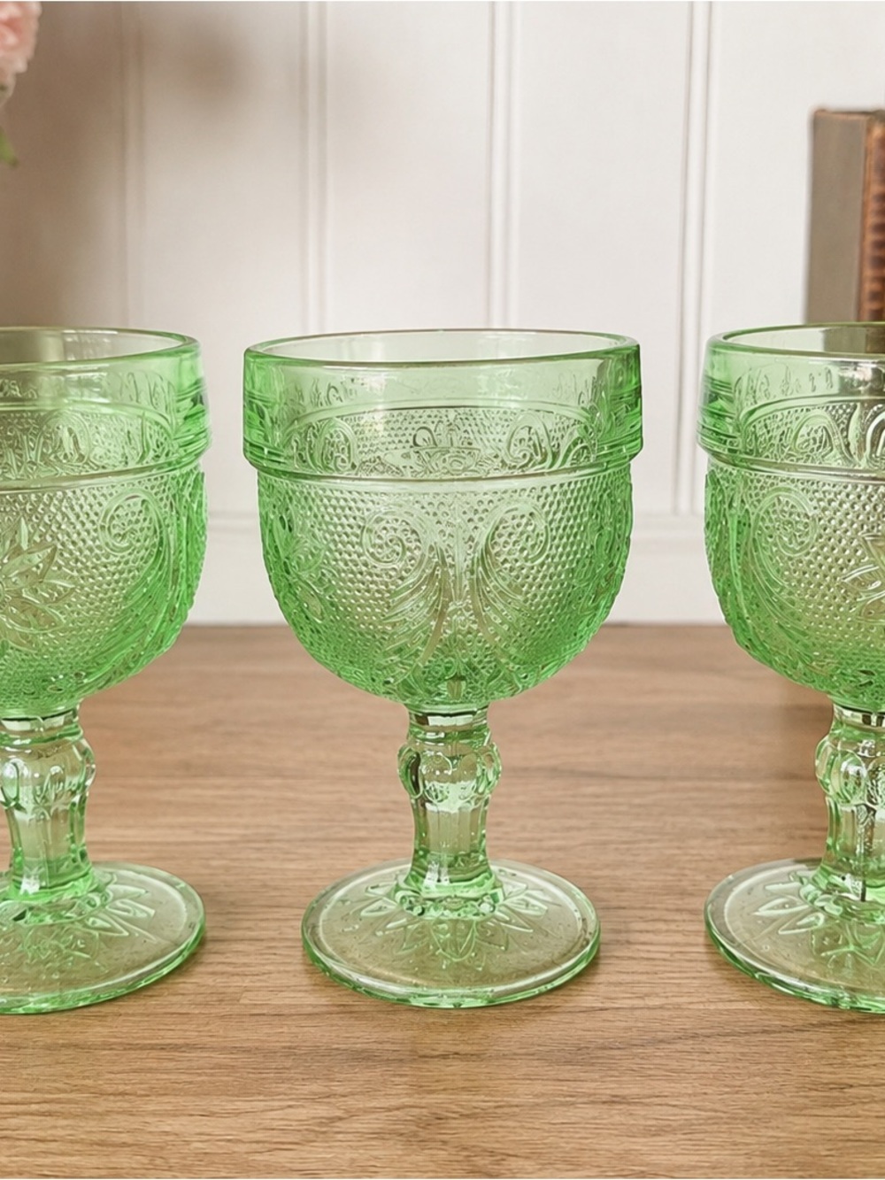Set of 3 Vintage Green Pressed Glass Cordial Goblets Floral Scroll 4 Inch